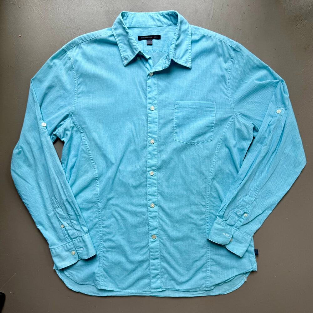 John Varvatos USA Large Blue Pinstripe Button Up Shirt Cotton Long Sleeve Preppy